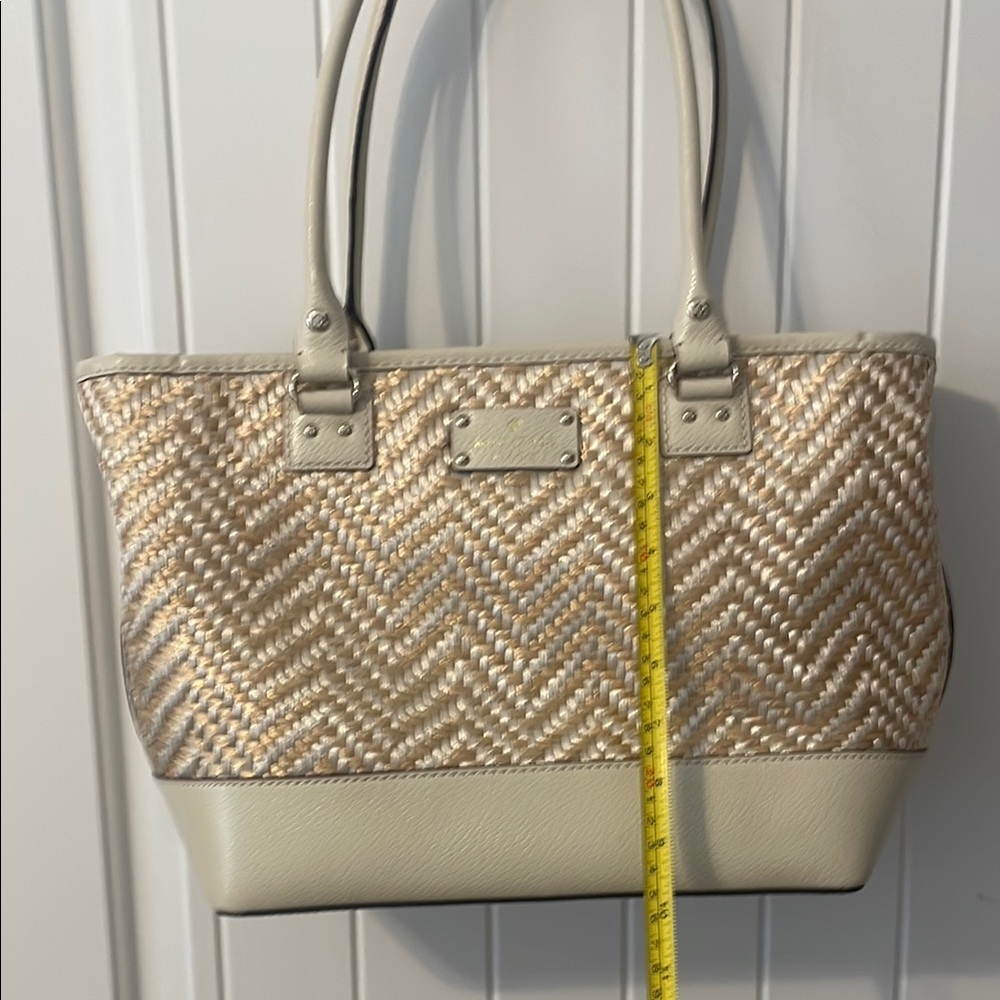 Kate Spade Cream Chevron Pattern Tote Bag with Faux Leather Accents